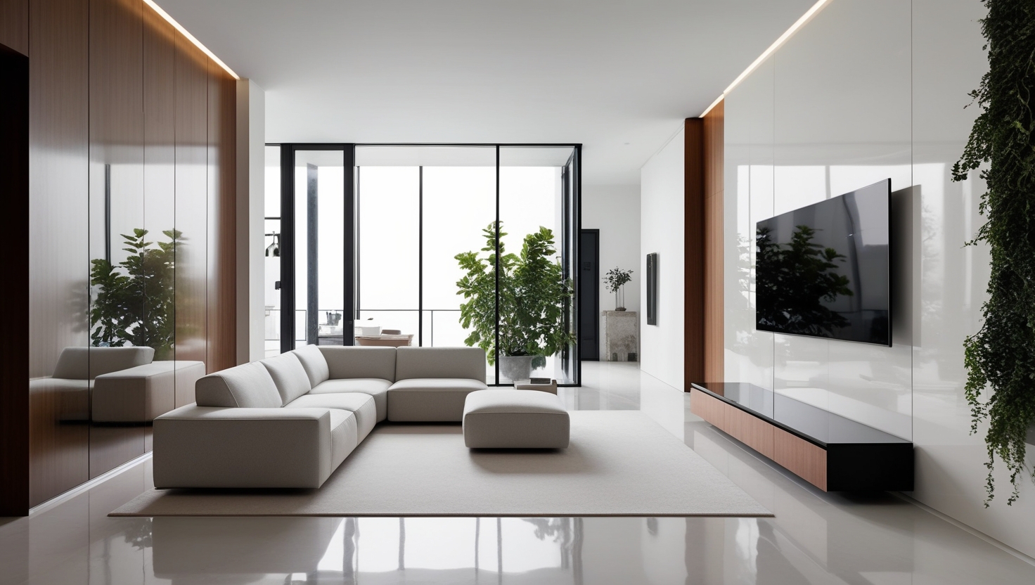 Interior modern de apartament smart home cu iluminat inteligent si tehnologie integrata KNX